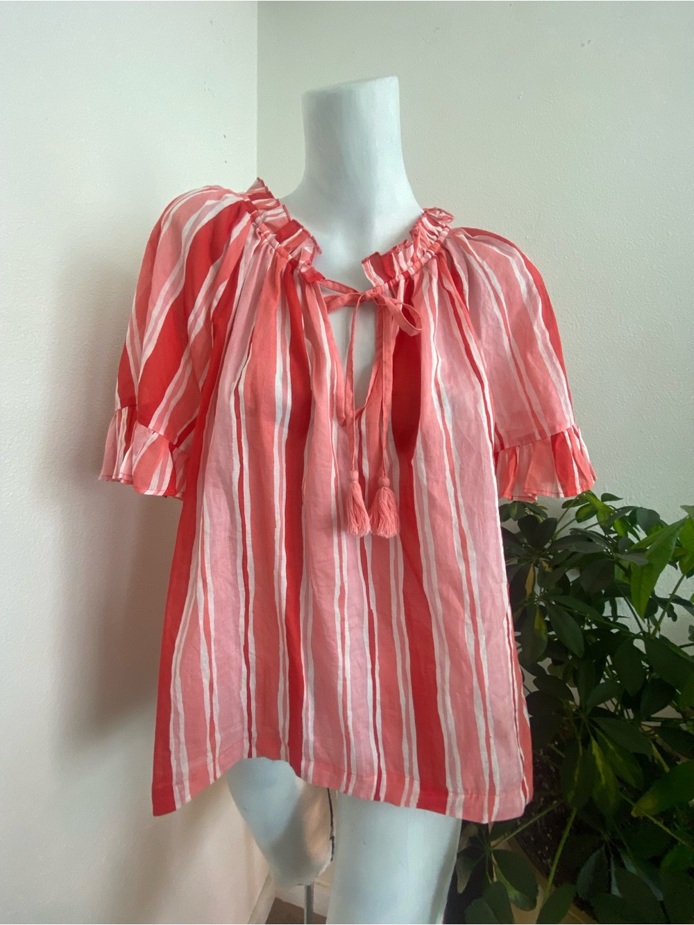 Striped Coral Peasant Tunic with Tassel Tie
